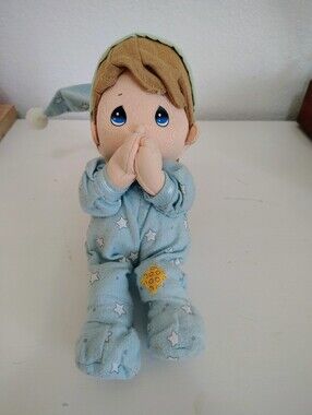 Vintage Precious Moments Plush Prayer Boy in A Blue Star Print Pajamas